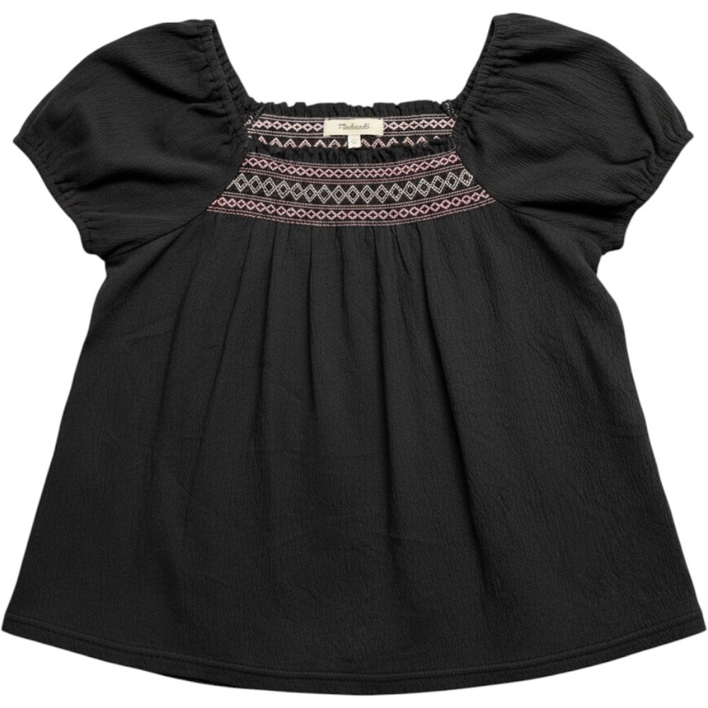Madewell Smocked Puff Sleeve Top Black Pink Embroidered Gauze Blouse Small